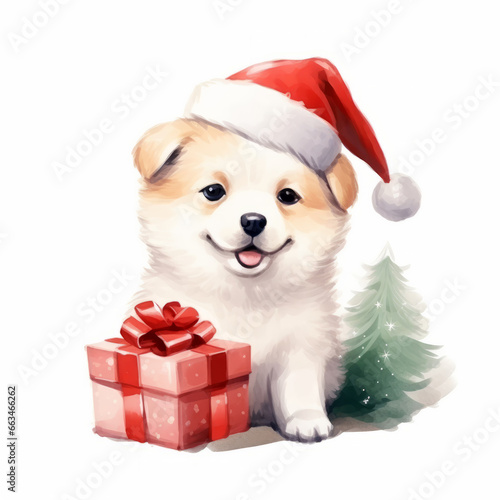 Kawaii cute dog cartoon christmas water color style on white background