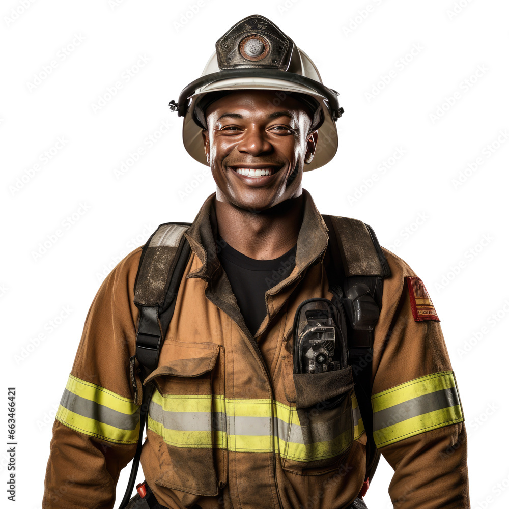 Fototapeta premium Black male firefighter standing up, body view, smiling