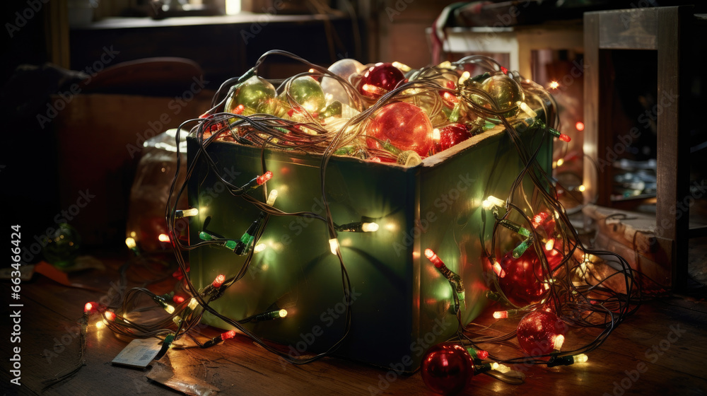A box full of tangled and colorful fairy lights and other christmas ornaments and decorations A box full of tangled and colorful fairy lights and other christmas ornaments and decorations