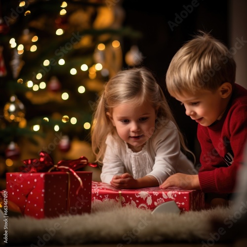 Children opening Christmas presents