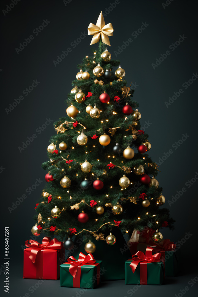 Photo of a green Christmas tree decorated with a red ribbon, gold stars and gold balls. Dark background. Merry Christmas.