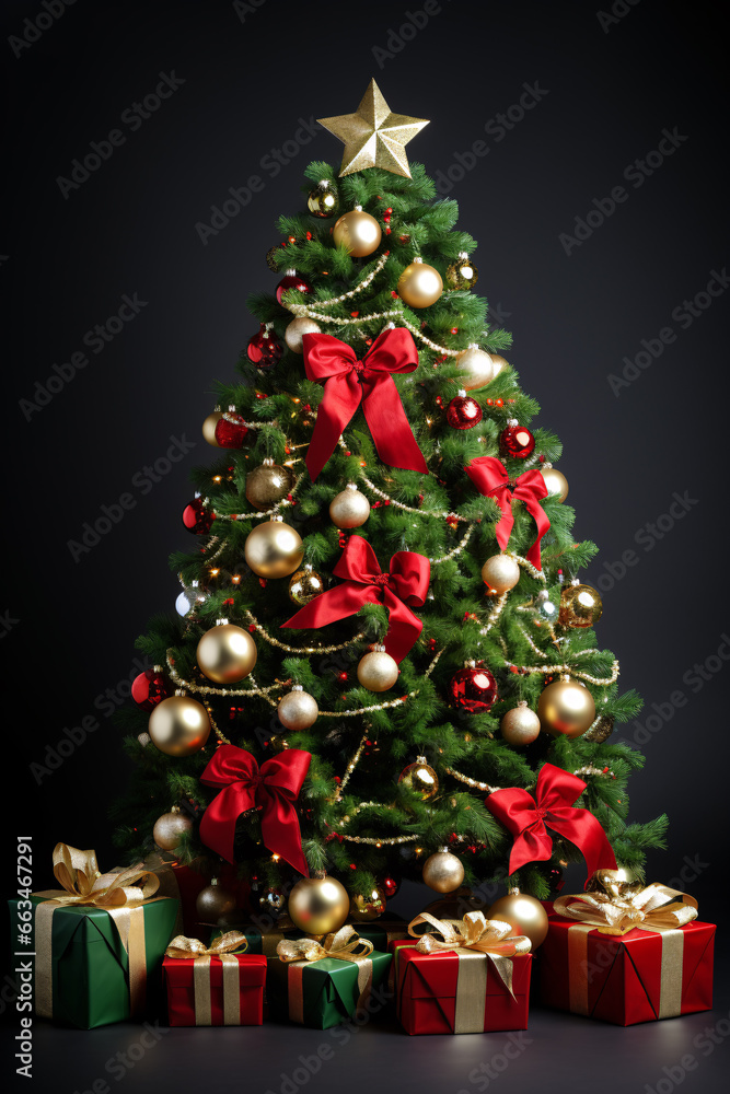 Photo of a green Christmas tree decorated with a red ribbon, gold stars and gold balls. Dark background. Merry Christmas. Photo of a green Christmas tree decorated with a red ribbon, gold stars and gold balls. Dark background. Merry Christmas.