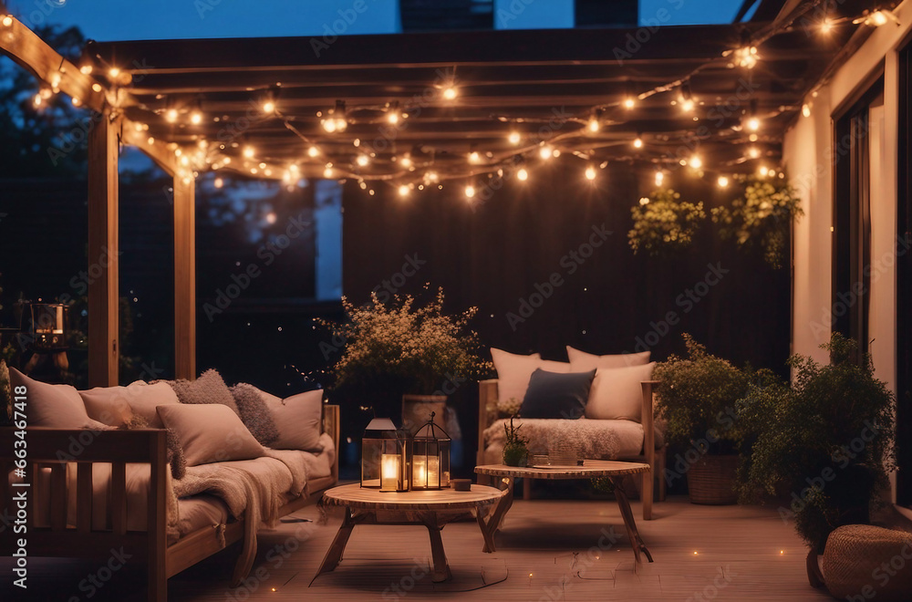 Outdoor Oasis: A View of a Cozy Terrace Illuminated by Outdoor String Lights, Creating a Perfect Summer Evening Retreat on a Beautiful Patio