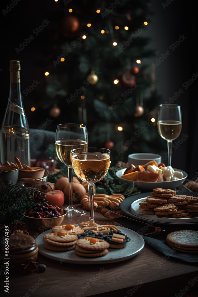 Festively set table with glasses, champagne and tasty snacks. Christmas tree with bokeh on background