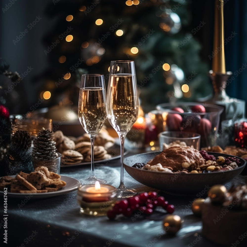Festively set table with glasses, champagne and festive food. Christmas tree with bokeh on background
