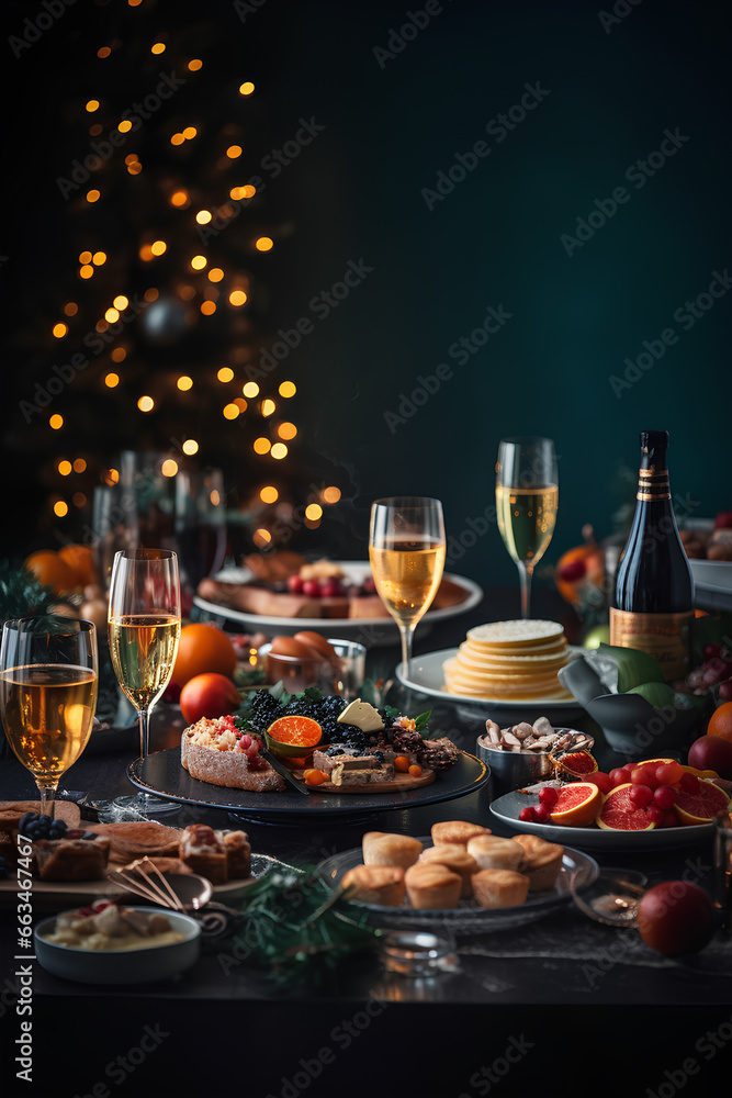 Festively set table with glasses, champagne and snacks. Christmas tree with bokeh on dark background Festively set table with glasses, champagne and snacks. Christmas tree with bokeh on dark background