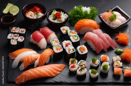 Culinary Artistry: A Sushi Set Featuring Sashimi and Sushi Rolls, Exquisitely Presented on a Stone Slate