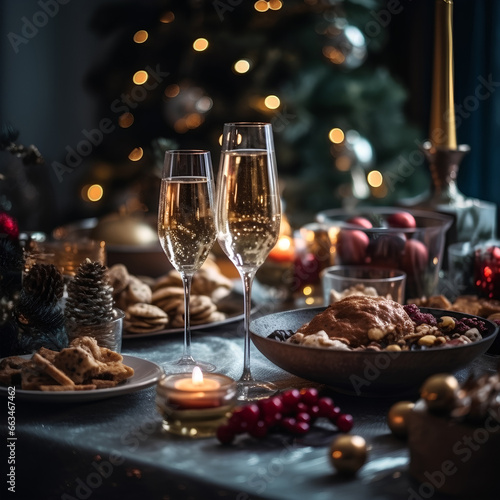 Festively set table with glasses  champagne and festive food. Christmas tree with bokeh on background