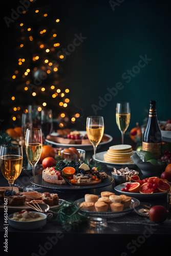 Festively set table with glasses, champagne and snacks. Christmas tree with bokeh on dark background