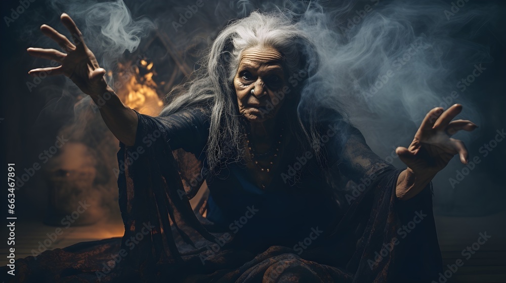 The old witch  in dynamic pose dark room, smoke Fairy tales on Halloween.