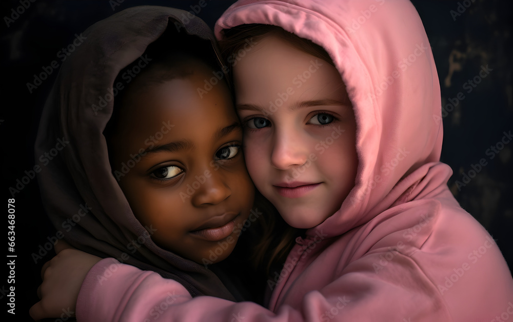 Inclusive portrait of two intercultural white and black children together, smiling and hugging. Unity in diversity. International peace. Closeup photography of kids caring for each other.