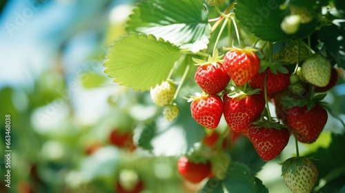 Strawberries grow on a tree on a sunny day. Created with Generative Ai technology.