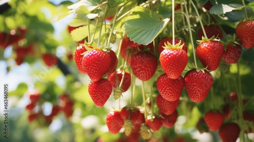Strawberries grow on a tree on a sunny day. Created with Generative Ai technology.