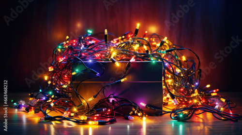 A box full of tangled and colorful fairy lights and other christmas ornaments and decorations photo