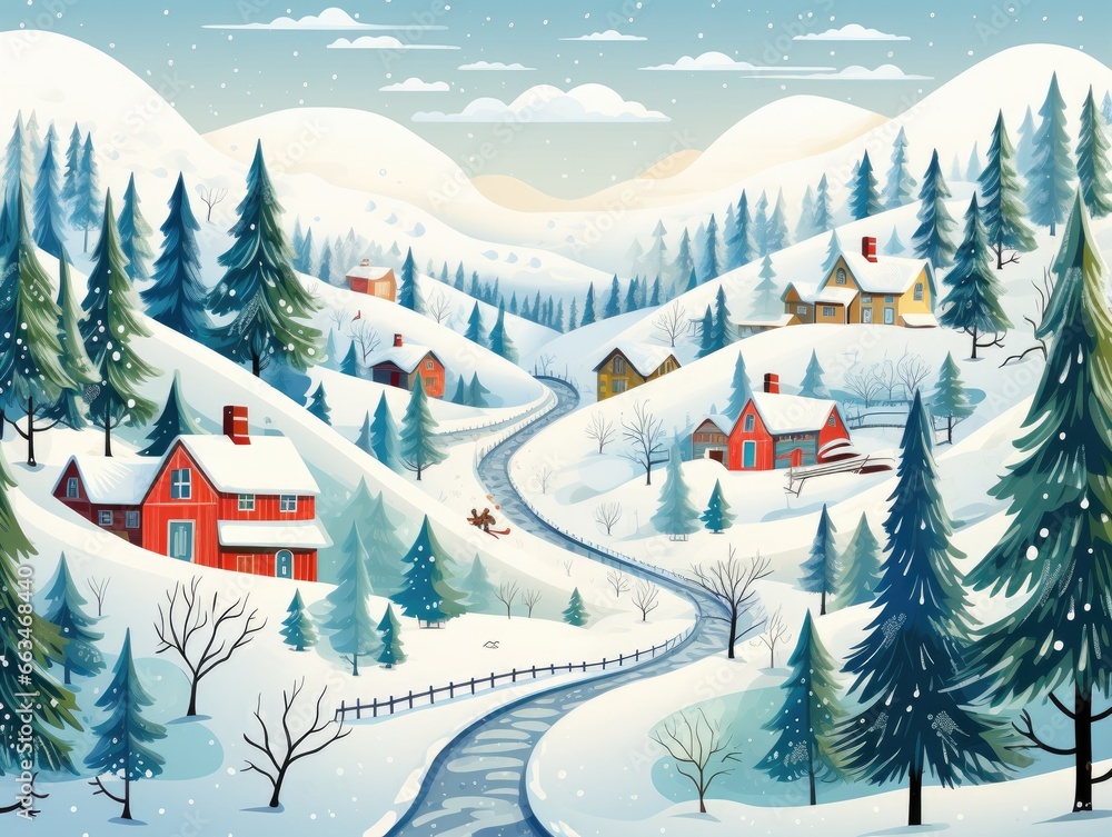 Winter landscape with village, road and fir trees. Vector style illustration. Generative Ai