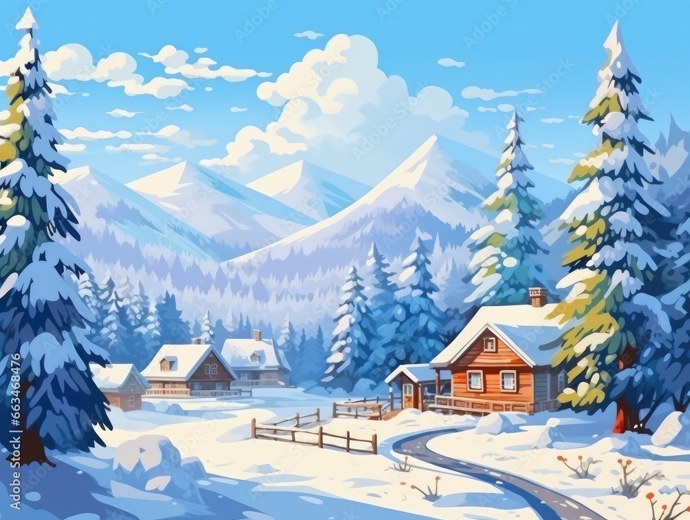 Wooden cottage in the mountains. Winter landscape. Vector style illustration. Generative Ai