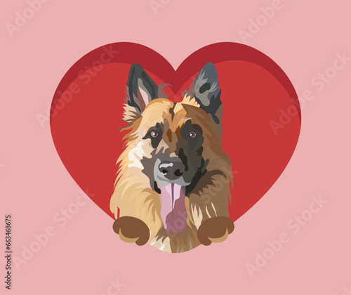 German shepherd with paws, Valentine's Day postcard. Big red heart with pet head looking out from a heart, holiday present. Cartoon square background dog breed art. St Valentine's day card. 