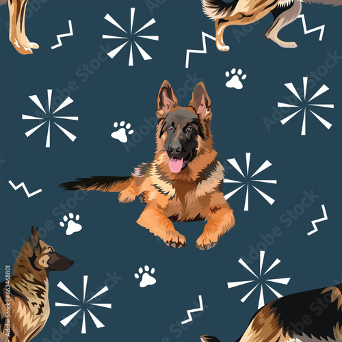 Square Pattern with dogs, fireworks, and paws. Holiday texture. Square format tile, poster, packaging, textile, wrapping paper. Trendy hand-drawn design. laying dog pose, happy german shepherd.