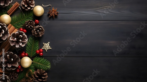 Christmas wooden background with Christmas decorations and space for text