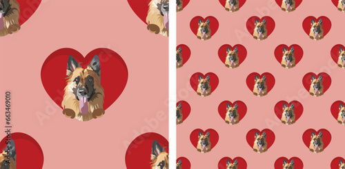 German shepherd dog with paws pattern, Valentine's day pink hearts wallpaper. Love heart with pet head holiday texture. Dog face Holding Heart Cartoon square background. St Valentine's day present.