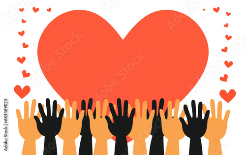 Hands, palms, hearts banner. Frame , the hands of a man. Concepts of helping, volunteering, charity.  Vector graphics. Illustration on isolated background.