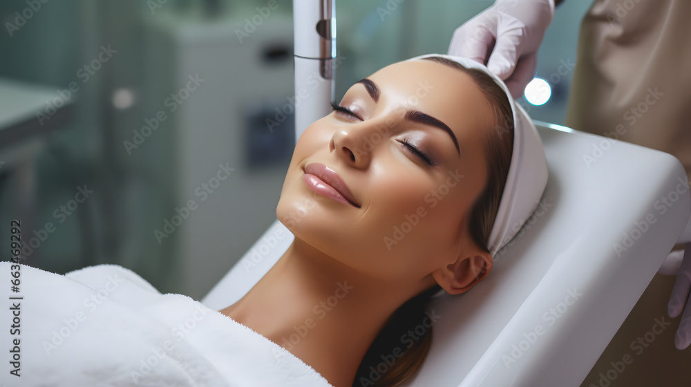 Gros plan sur le visage d'une femme en train d'avoir un soin dans un spa clinique. Gros plan sur le visage d'une femme en train d'avoir un soin dans un spa clinique.