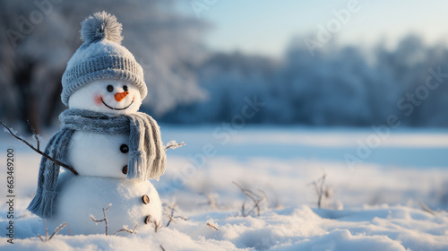 Snowman stands as decoration in winter landscape and wears scarf, hat. 