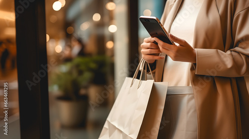 Une femme sortant d'un magasin avec des sacs de shopping. Dans ses mains, un téléphone portable. photo