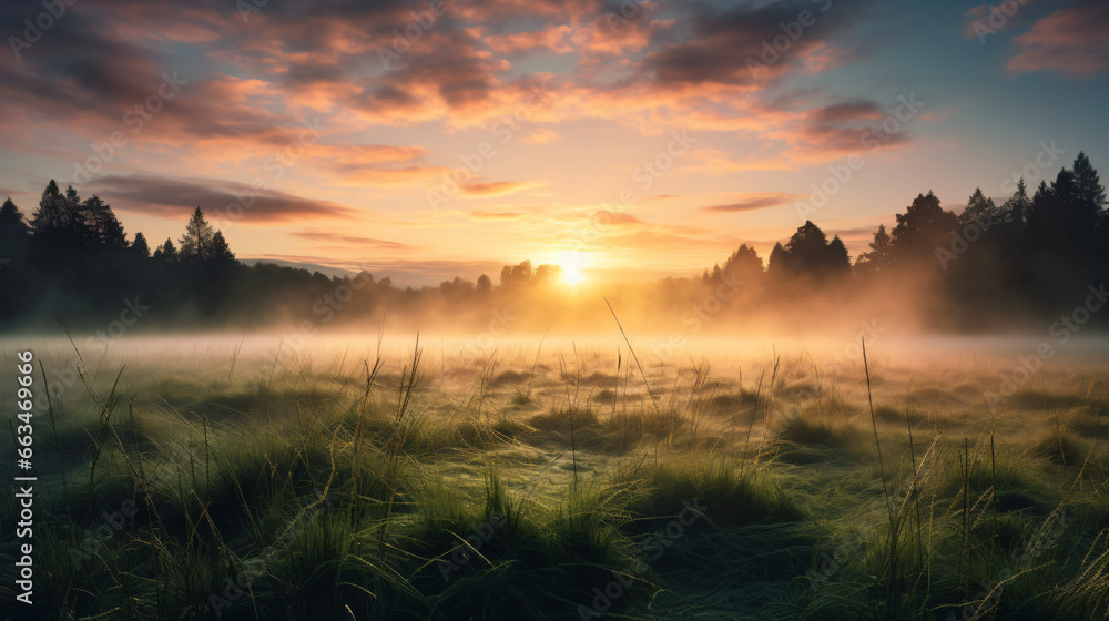 Fototapeta premium The sun rises above the horizon, casting a golden glow over rolling meadows shrouded in morning mist.