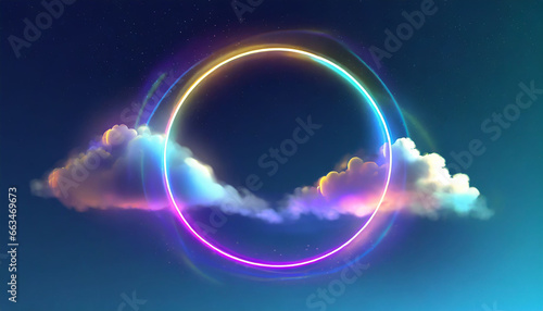 abstract cloud illuminated with neon light ring on dark night sky. Glowing geometric shape, round frame