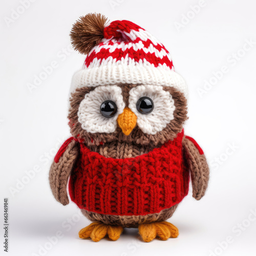 Knitted wool owl wearing a Santa hat on white background