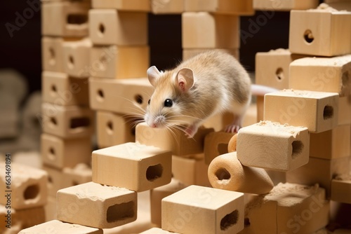 A gerbil navigating a miniature obstacle course made of building blocks photo