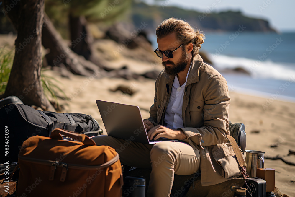 Bearded man using laptop while sitting on the beach in the morning. ia generated