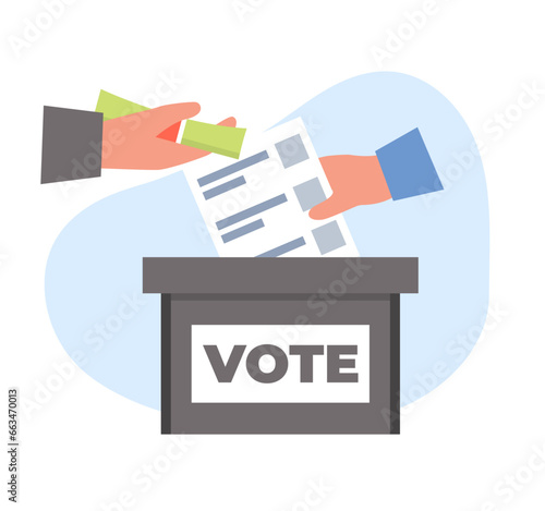 corruption votes concept. crime political cash buying votes, presidential container, justice democracy referendum balloting presidential choice. vector cartoon concept illustration.