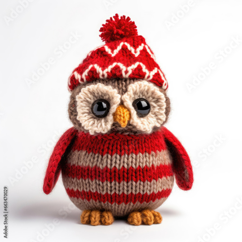 Knitted wool owl wearing a Santa hat on white background