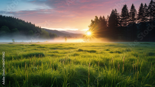 The sun rises above the horizon  casting a golden glow over rolling meadows shrouded in morning mist.