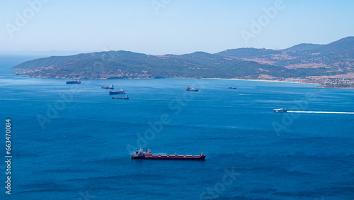 Cargo ships in the Bay of Gibraltar.