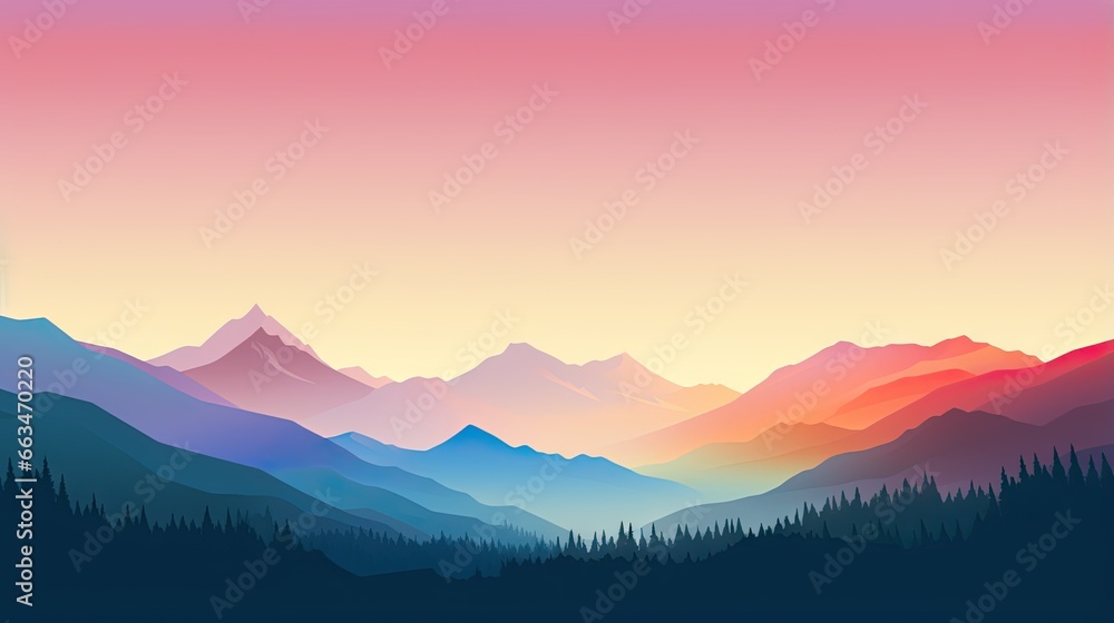  a mountain landscape with a sunset in the background and trees in the foreground.  generative ai