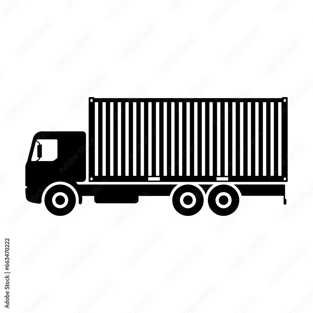 Truck with container icon. Black silhouette. Side view. Vector simple flat graphic illustration. Isolated object on a white background. Isolate. Truck with container icon. Black silhouette. Side view. Vector simple flat graphic illustration. Isolated object on a white background. Isolate.