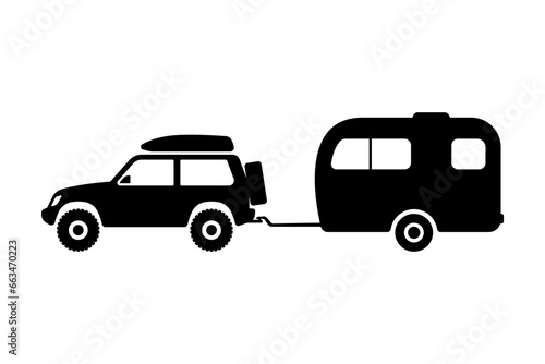 SUV icon. Camper, caravan, motorhome. Black silhouette. Side view. Vector simple flat graphic illustration. Isolated object on a white background. Isolate.