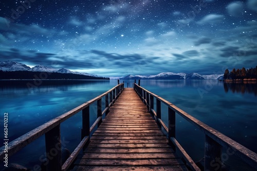 An old wooden pier stretching into a calm lake under a starry sky photo