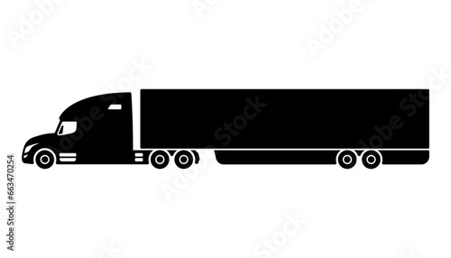 Truck tractor with semi-trailer icon. Black silhouette. Side view. Vector simple flat graphic illustration. Isolated object on a white background. Isolate.
