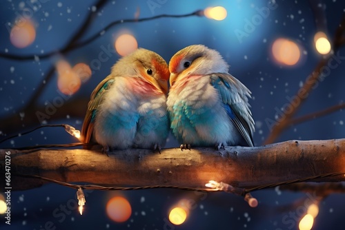 A pair of lovebirds snuggled together on a branch decorated with fairy lights © Dan