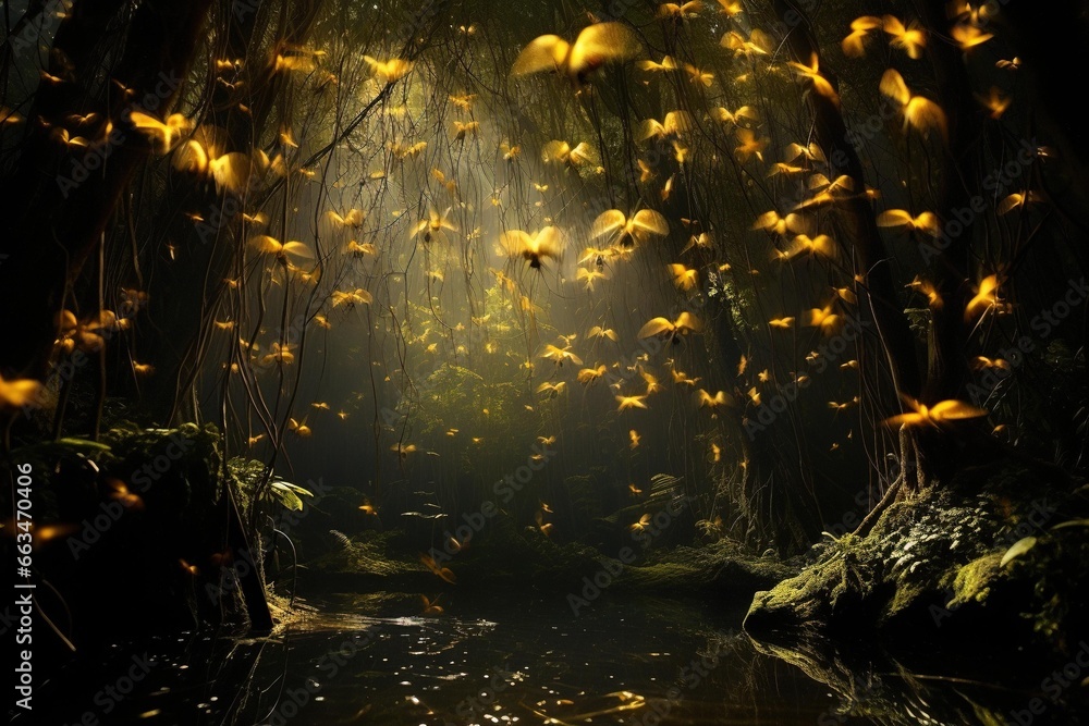 Naklejka premium A swarm of fireflies illuminating a dark forest, captured in long exposure