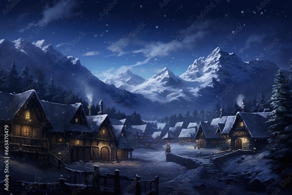 A snow-covered village with warm glowing windows beneath a starlit sky