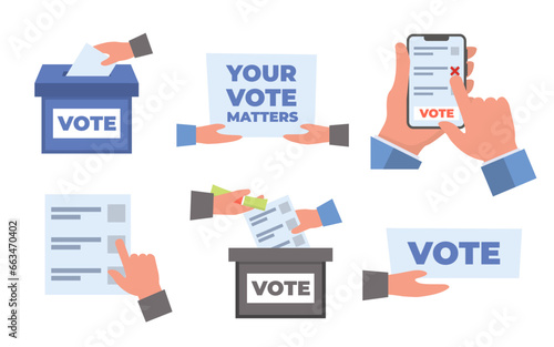 vote election concept. cartoon minimalistic political voting hand holding icons, justice democracy referendum balloting presidential choice. vector cartoon concept illustration.