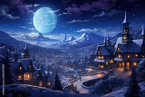 A snow-covered village with warm glowing windows beneath a starlit sky © Dan