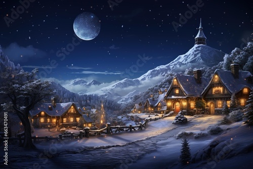 A snow-covered village with warm glowing windows beneath a starlit sky