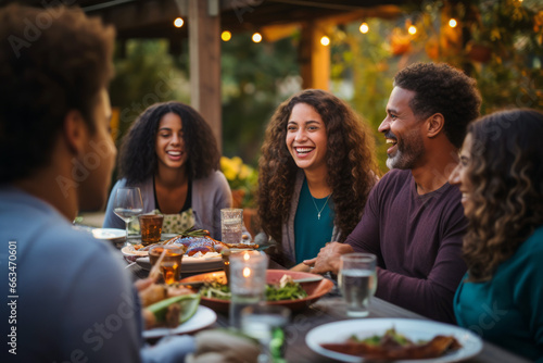 Outdoor gathering of friends and family around a table  laughing in sunlit warmth. A curly-haired woman   bearded man share a joyful moment while enjoying their meals.