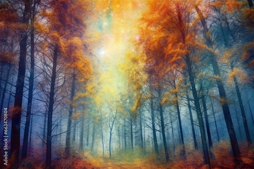 Enchanting forest with majestic pine trees, surreal dreamscape, mystical woodland, otherworldly clouds, autumn colors. Generative AI